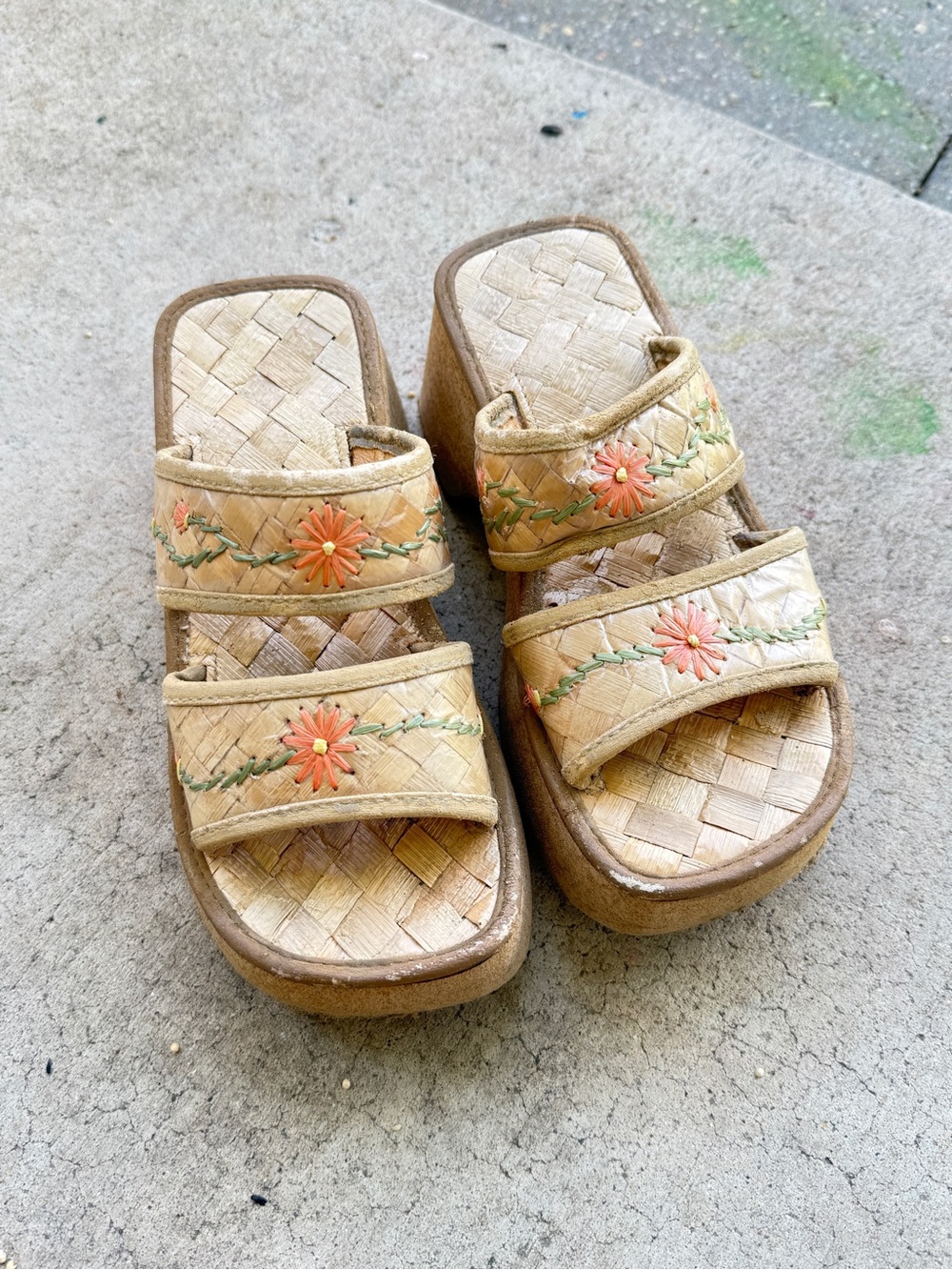 Handmade Woven Tan Sandals with Flower Embroidery